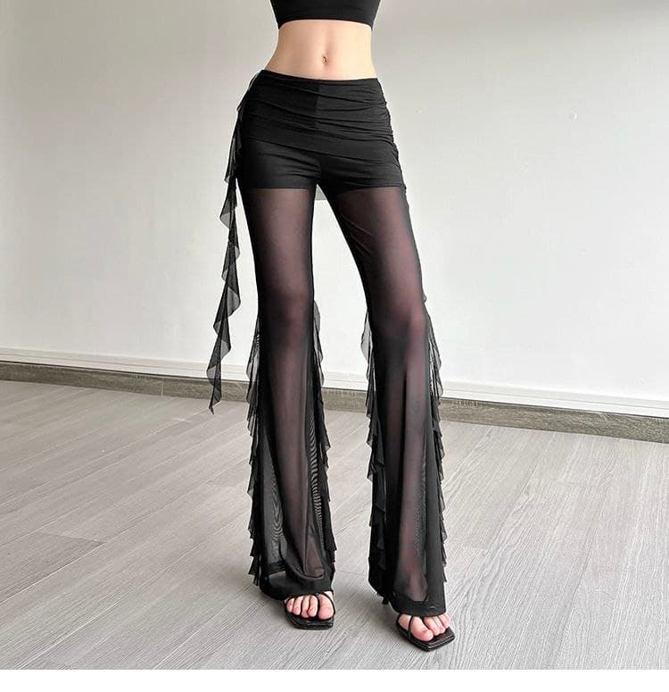 Celana Mesh Ruffle Wanita High Waist | Celana Panjang Ruched Slim Fit | Korean Chic Style Kekinian