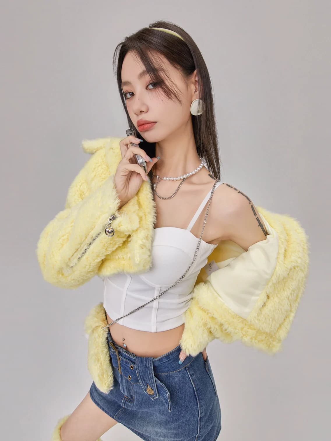 Jaket Bulu Pendek Wanita Warna Kuning Pastel | Cropped Faux Fur Jacket Korean Style | Outer Fluffy Premium