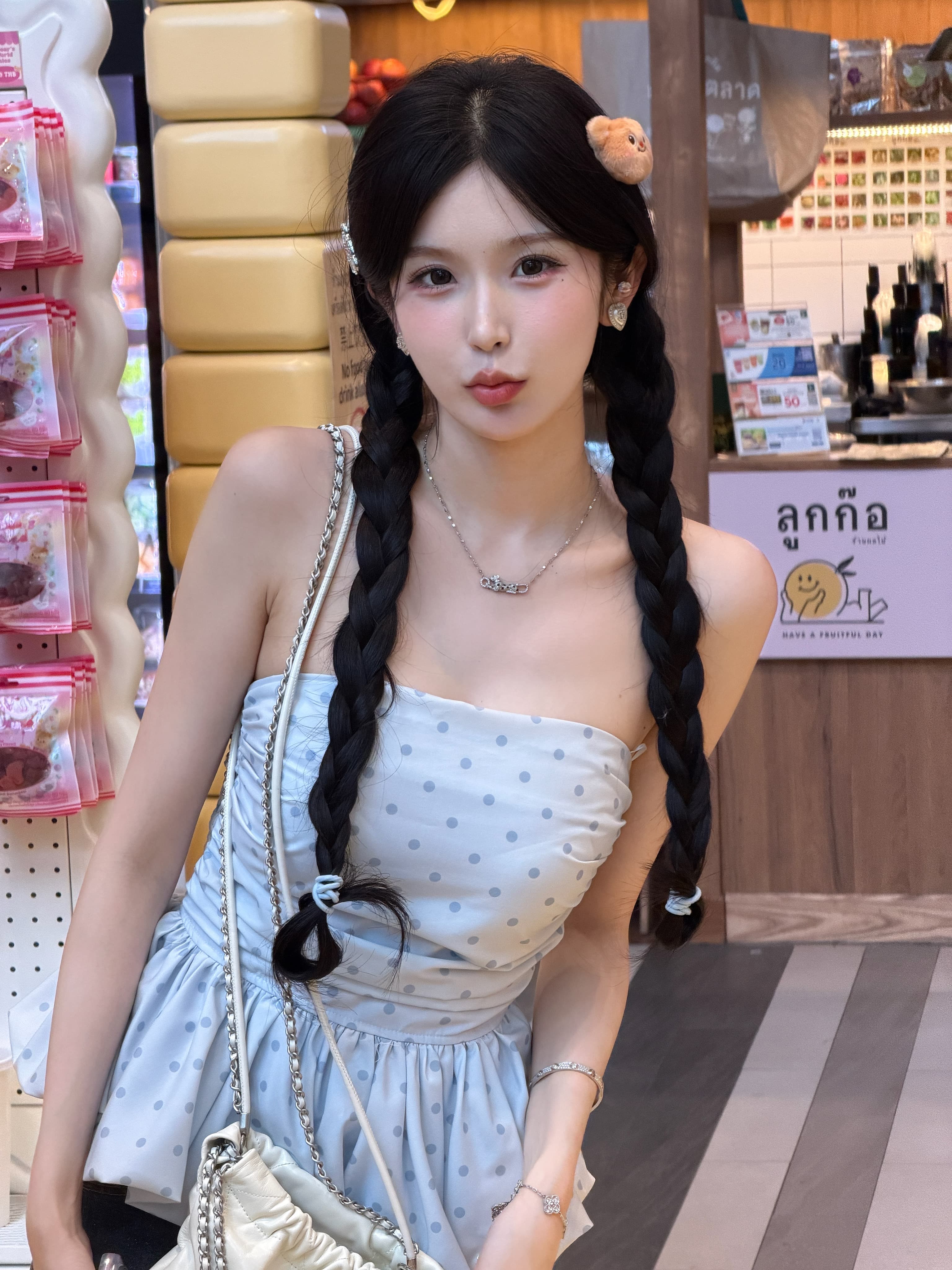 Atasan Tube Top Polkadot Biru Wanita | Bustier French Style dengan Ruffle Layer | Crop Top Elegan Kekinian