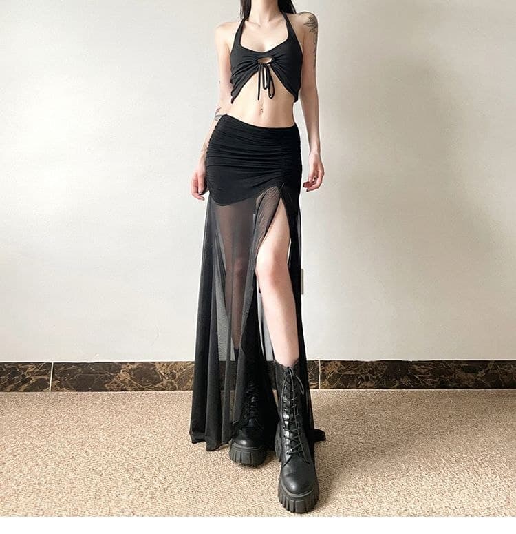 Rok Panjang Mesh Wanita Vintage | Rok High Waist Ruched Belahan Samping | Korean Chic Style Elegan