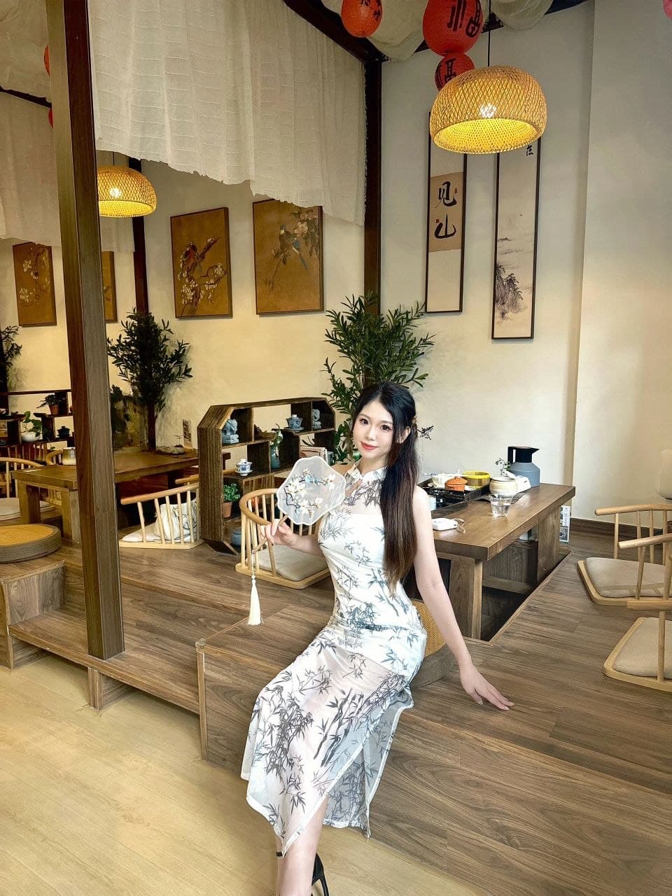 Dress Panjang Qipao Wanita Gaya Tiongkok, Motif Lukisan Tinta, Fit & Flare, Bahan Mesh, Belahan Samping, Elegan untuk Musim Panas