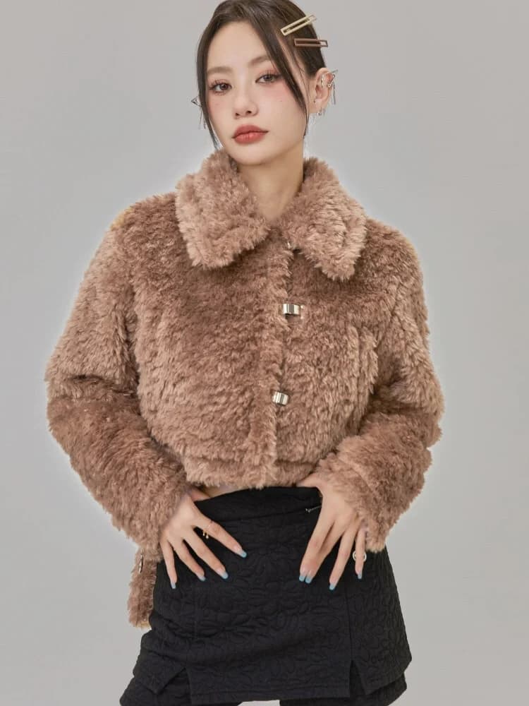 Jaket Bulu Pendek Wanita Warna Kuning Pastel | Cropped Faux Fur Jacket Korean Style | Outer Fluffy Premium