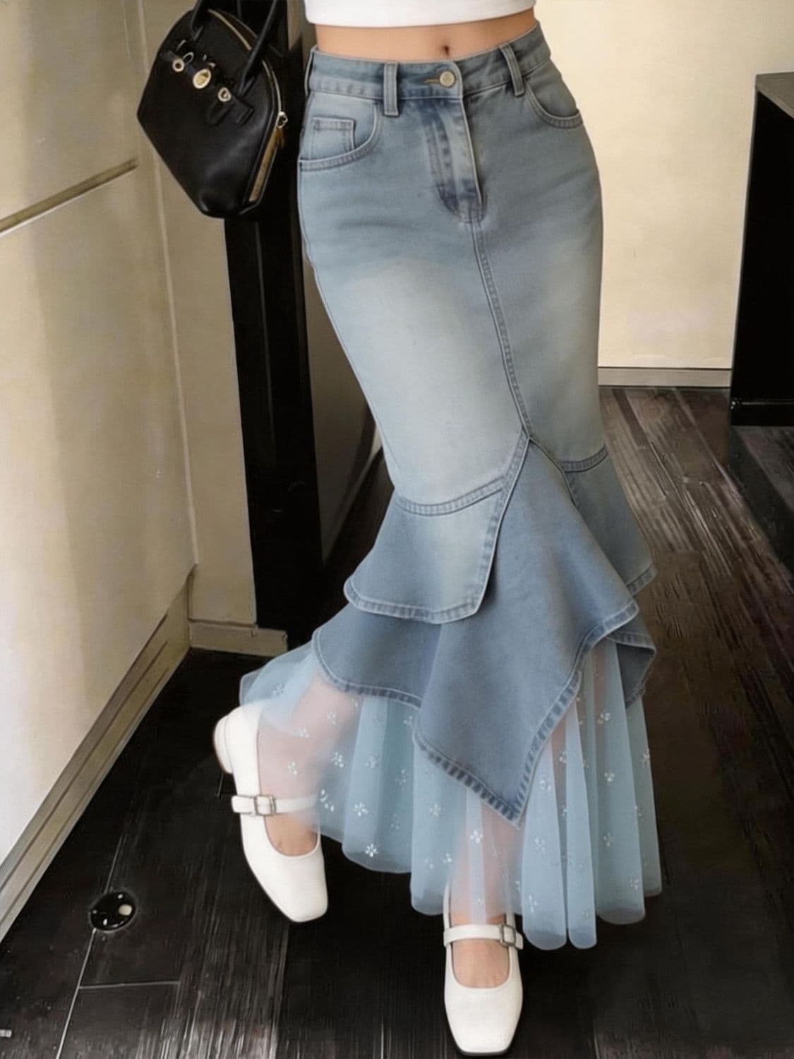 Rok Denim Mermaid Wanita High Waist | Rok Midi Mesh Patchwork Asimetris | Rok Korean Style Elegan