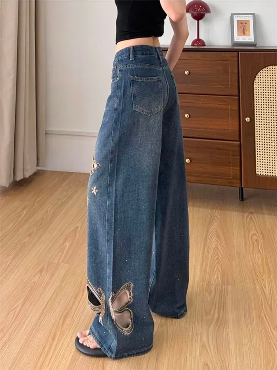 Celana Jeans Wanita High Waist Vintage | Straight Leg Denim Motif Kupu-Kupu | Celana Jeans Slim Fit Korean Style