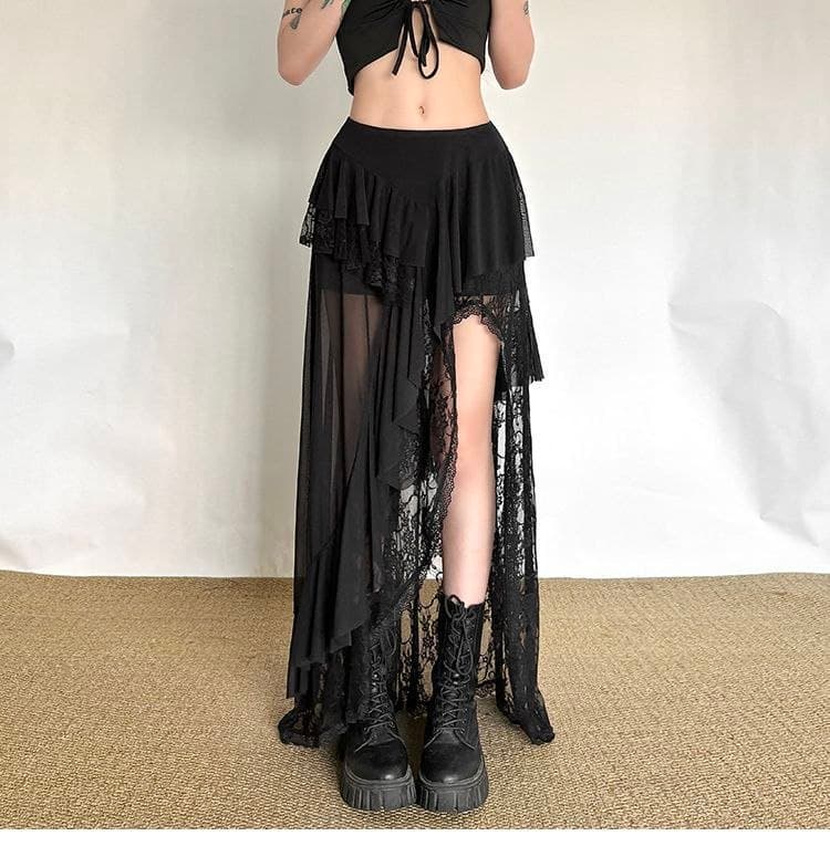 Rok Panjang Renda High Waist | Rok Asimetris Belahan Samping Slim Fit | Korean Sweet & Edgy Style