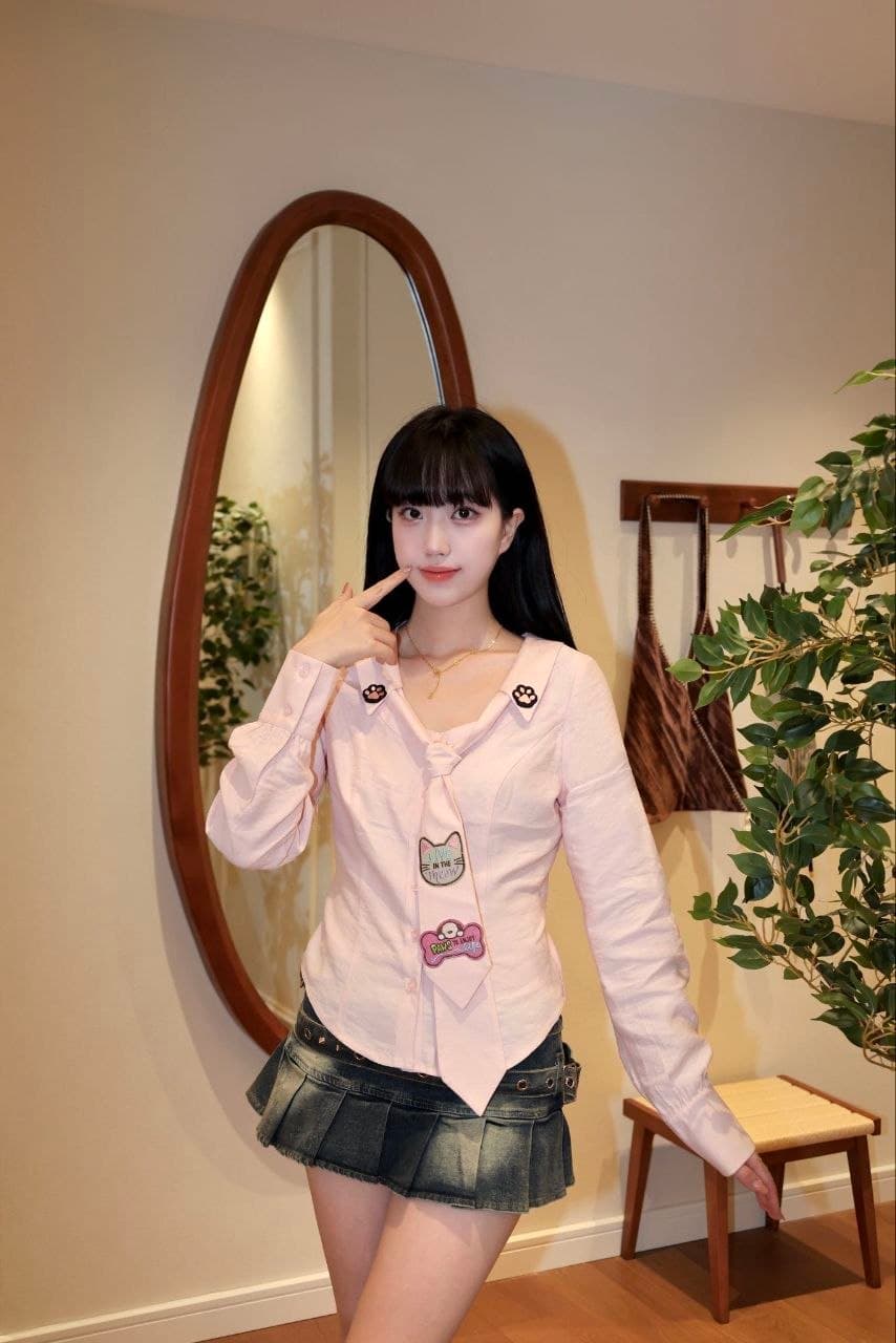 Atasan Blouse Pink Wanita | Kemeja Bordir Sweetheart Neck Slim Fit | Korean Y2K Style Kekinian
