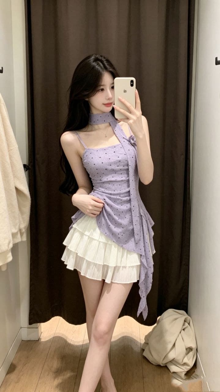 Atasan Halter Wanita Motif Polkadot Slim Fit Pinggang Ramping Hem Asimetris Korean Style