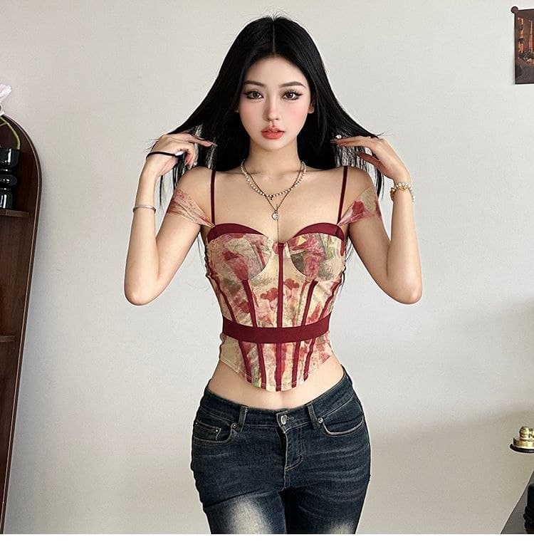 Atasan Crop Top Vintage Floral Wanita | Tank Top Asimetris Slim Fit | Korean Chic Style Elegan