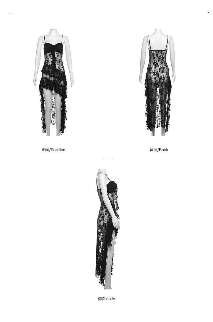 Dress Renda Transparan Wanita | Mini Dress Tali Asimetris Slim Fit | Korean Chic Style Kekinian