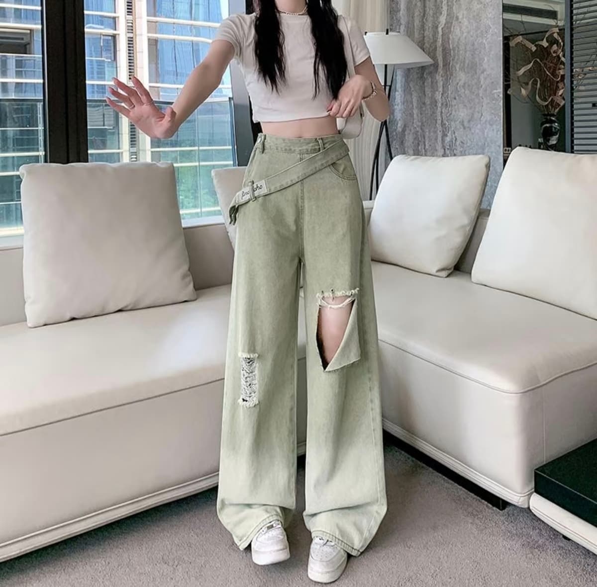 Celana Jeans Wide Leg Wanita High Waist | Denim Distressed Vintage dengan Resleting Samping | Celana Baggy Korean Style