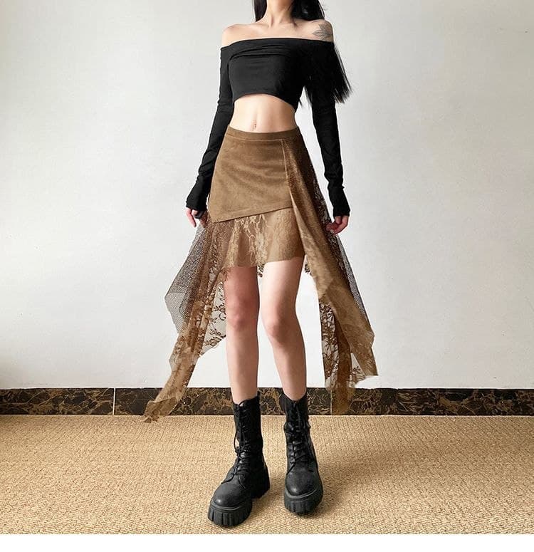 Rok High Waist Renda Vintage Wanita | Rok Asimetris Mermaid Slim Fit | Korean Chic Style Elegan