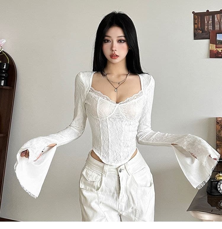 Atasan Renda Square Neck Wanita | Top Lengan Panjang Asimetris Slim Fit | Korean Vintage Style Elegan