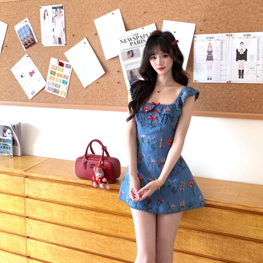 Dress Mini French Mint Style Wanita | Puff Sleeve Princess Dress High Waist | Korean Vacation Chic