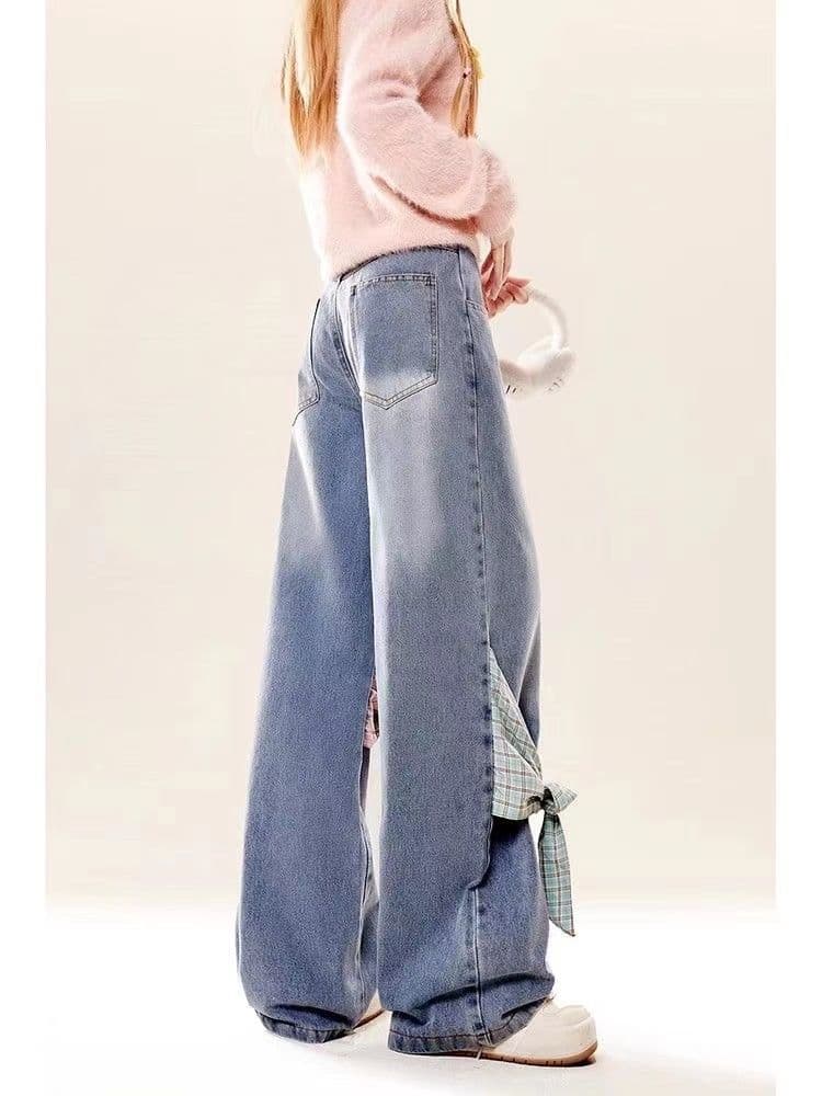 Celana Jeans Wide Leg Wanita Jumbo | Denim Kotak-Kotak Vintage dengan Pita | Celana Baggy High Waist Plus Size
