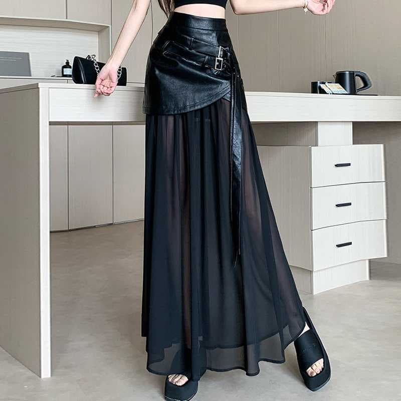 Rok Panjang Hitam Wanita High Waist | Rok A-Line Mesh Patchwork | Rok Korean Style Elegan & Trendy