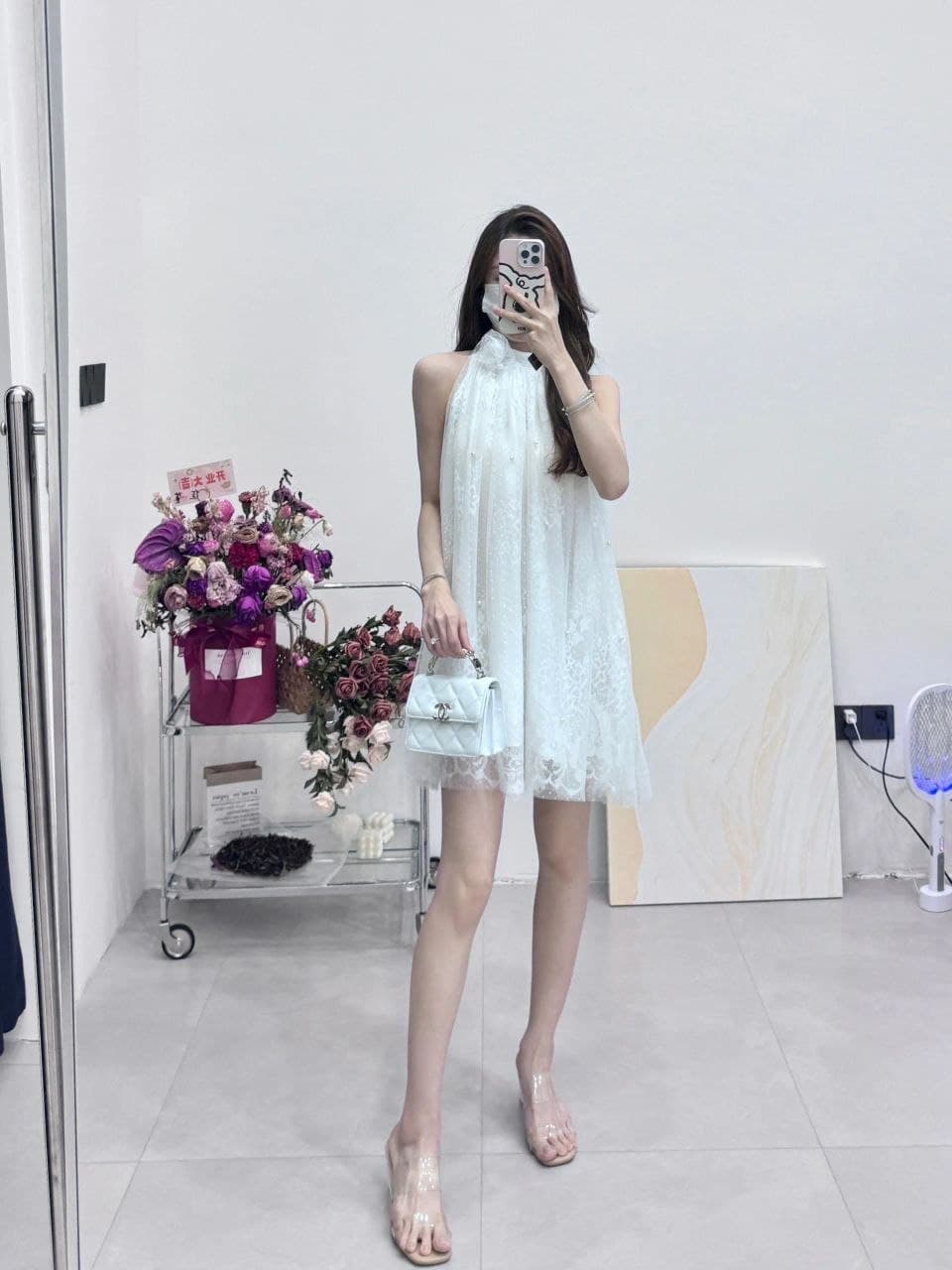 Dress Mini Wanita Gaya Prancis, Motif Camellia, Renda, Halter Tanpa Lengan, A-Line, Tulle, Manis & Elegan