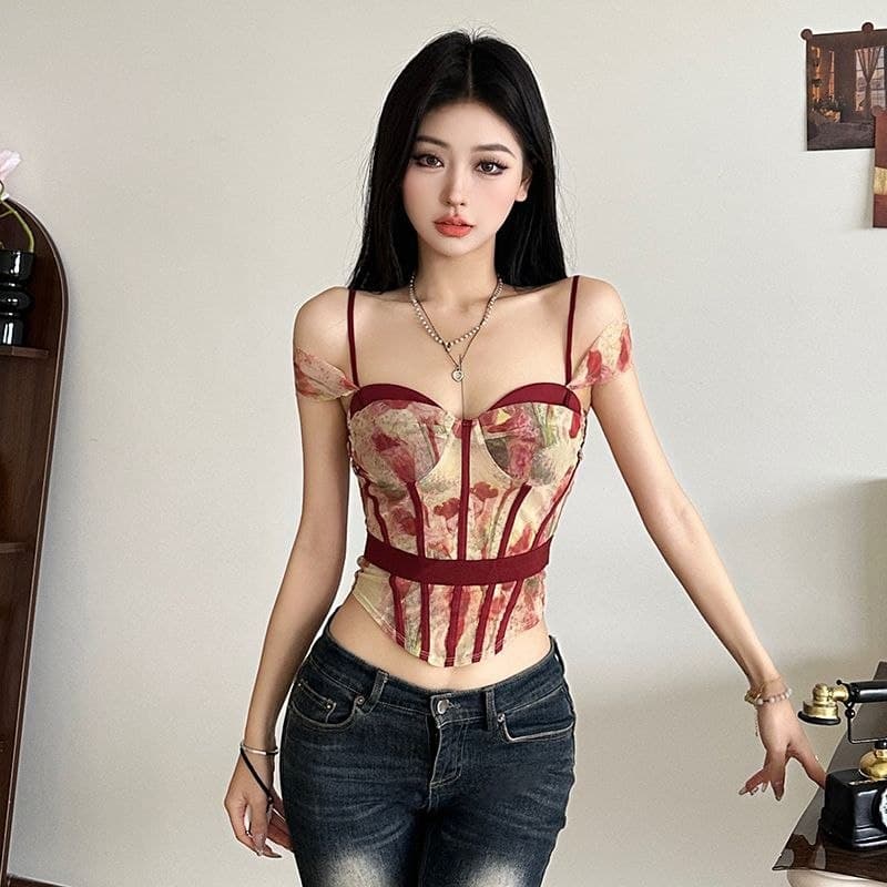 Atasan Crop Top Vintage Floral Wanita | Tank Top Asimetris Slim Fit | Korean Chic Style Elegan