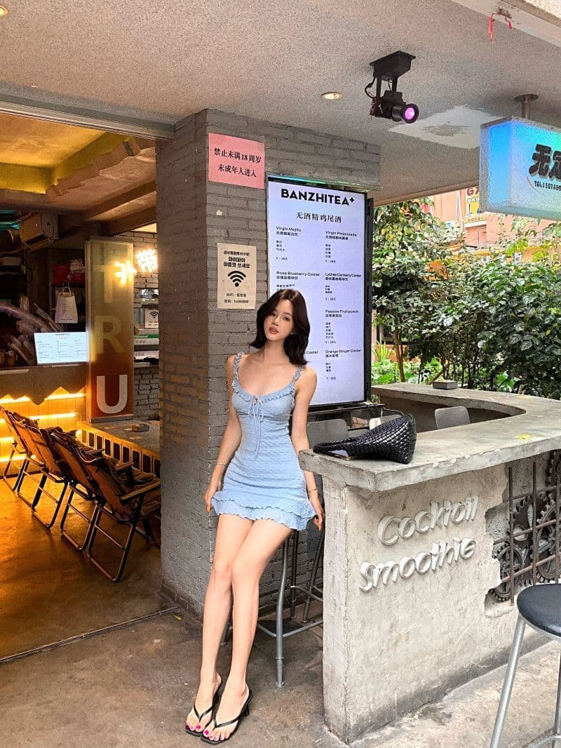 Dress Mini Biru Wanita Slim Fit | Bodycon Dress Tali Spaghetti Ruffle | Dress Pendek Korean Style Sexy & Cute