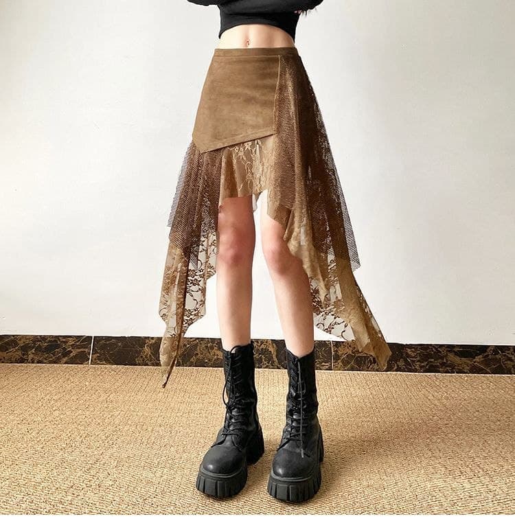Rok High Waist Renda Vintage Wanita | Rok Asimetris Mermaid Slim Fit | Korean Chic Style Elegan