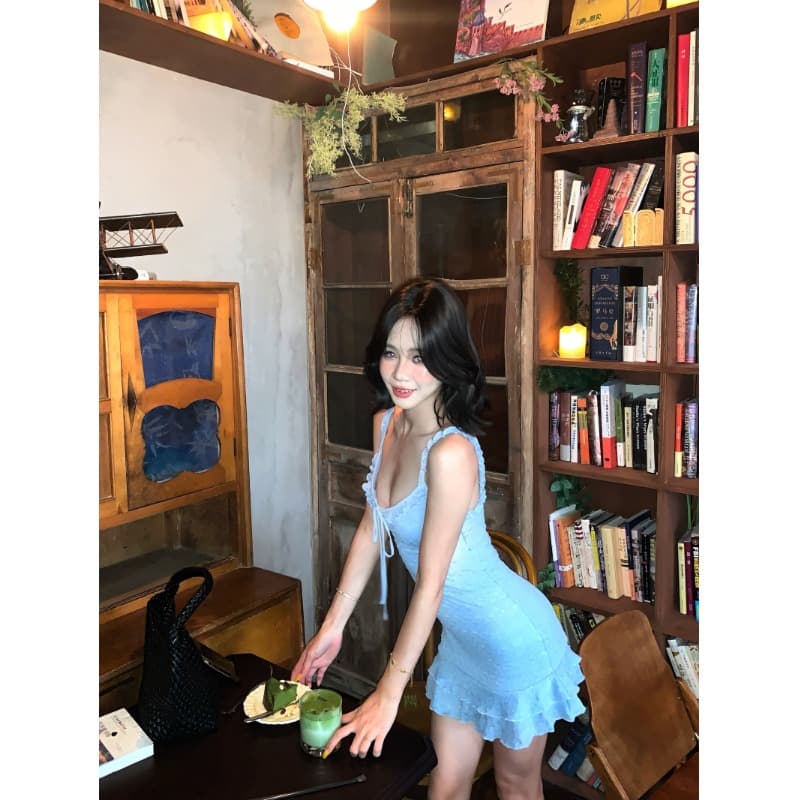 Blue Bodycon Ruffle Mini Dress | Dress Spaghetti Strap Wanita