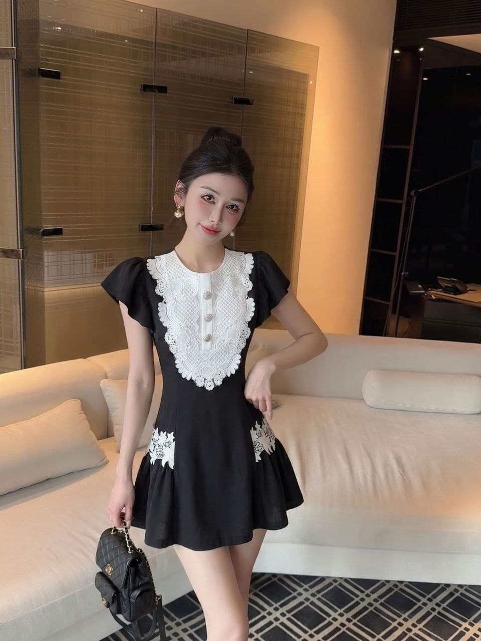 Dress Renda French Style Wanita | Mini Dress High Waist Aksen Diamond | Korean Classy Elegan