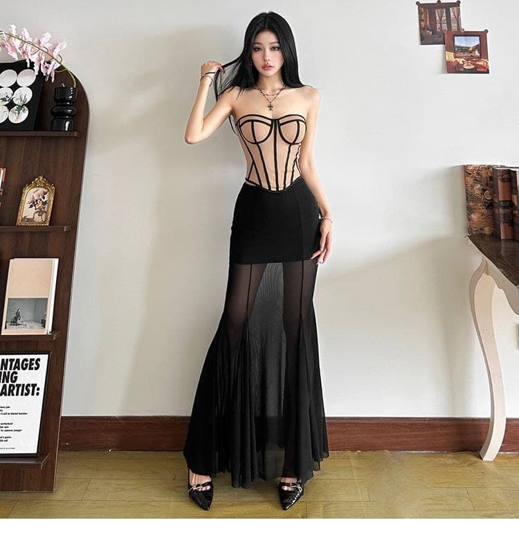 Set Outfit French Style Wanita | Tube Top Asimetris & Rok High Waist | Korean Chic Elegan 2in1
