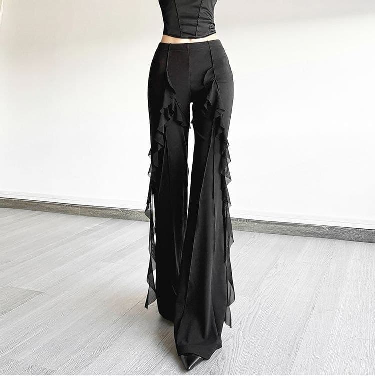 Celana Flare High Waist Wanita | Celana Ruffle Vintage Slim Fit | Korean Chic Style Elegan