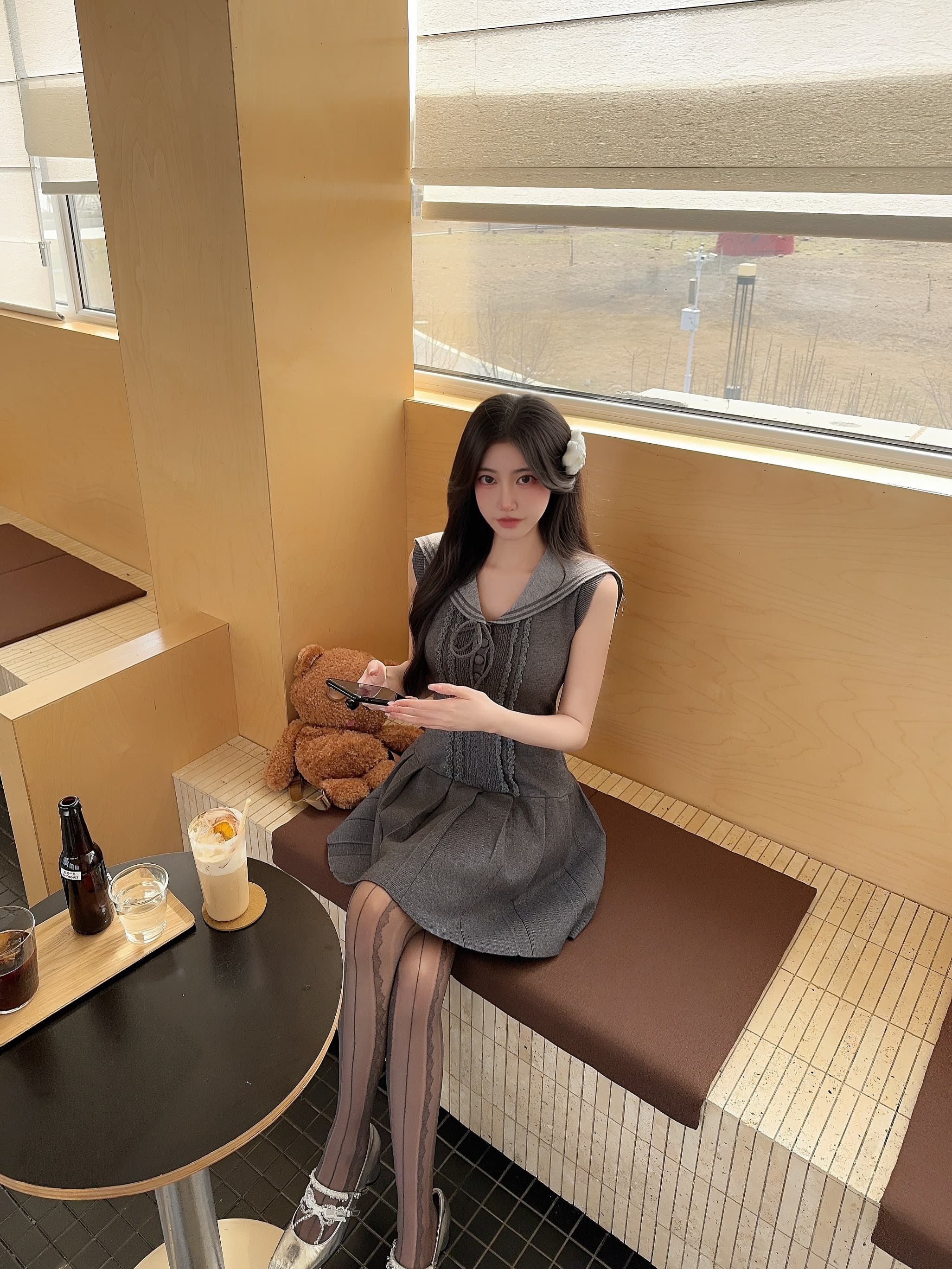Dress Abu-Abu Pita Wanita Korean Style | Mini Dress Sweet School Look | Dress Feminim Elegan Kekinian