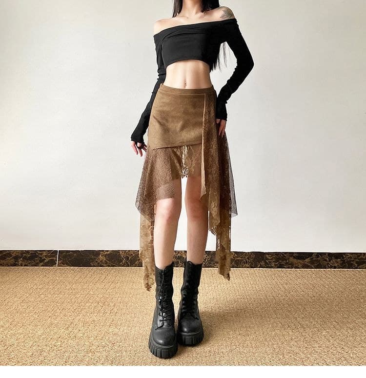 Rok High Waist Renda Vintage Wanita | Rok Asimetris Mermaid Slim Fit | Korean Chic Style Elegan
