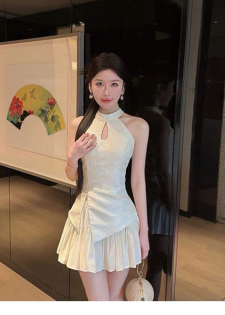 Set Outfit New Chinese Style Wanita | Halter Top Jacquard & Rok Cake High Waist | Korean Oriental Chic 2in1