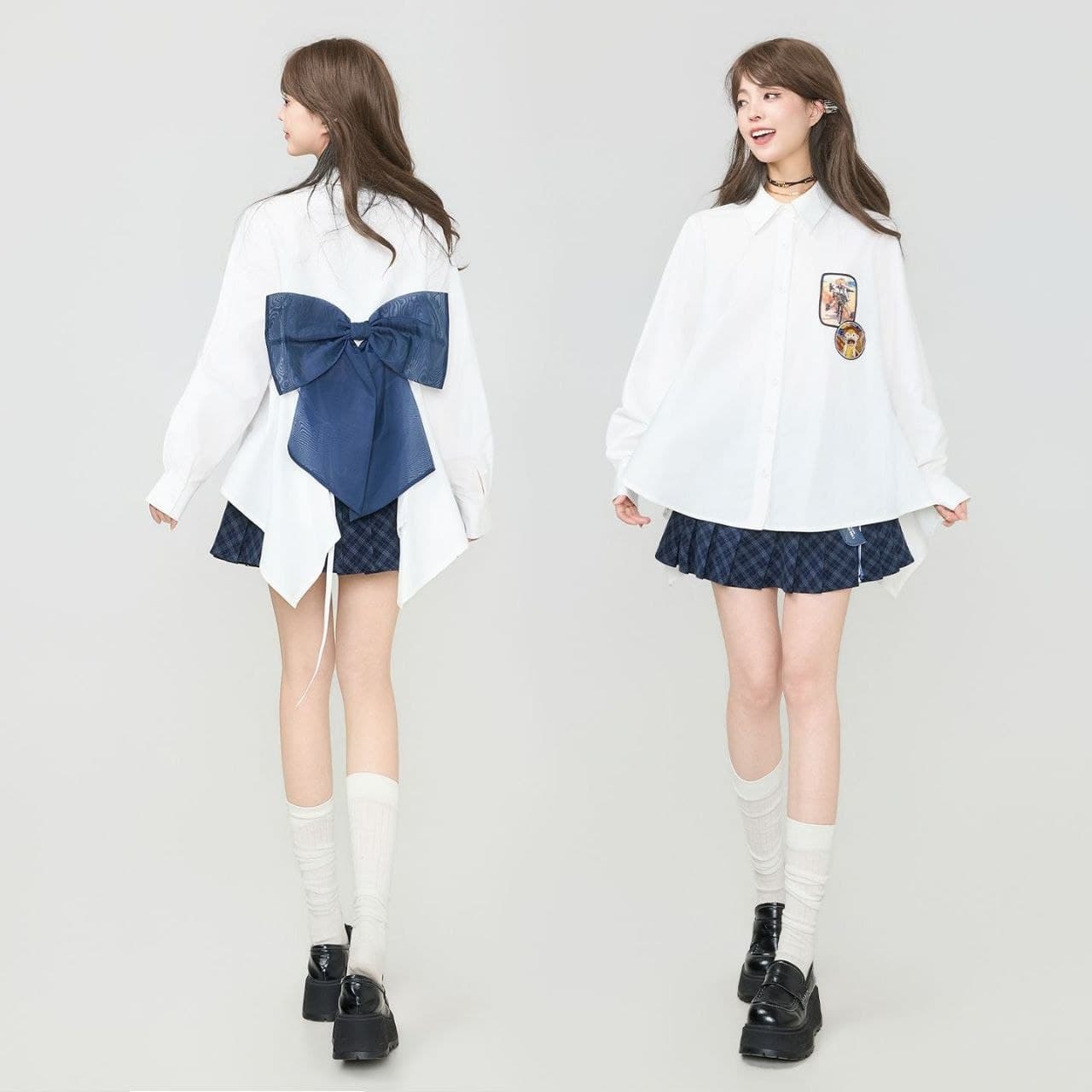 Kemeja Wanita Putih Pita Ribbon Gaya Korean Girl – Atasan Lengan Panjang Oversize dengan Desain High-Low (Depan Pendek Belakang Panjang), Casual, Elegan & Fashion