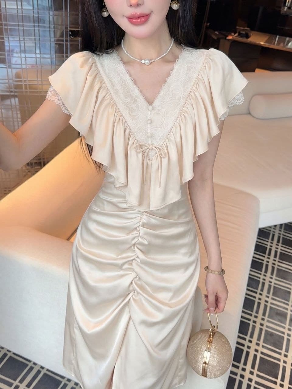Dress V-Neck French Style | Dress Ruffle High Waist Elegan | Dress Viral Ala Anna MEOVV