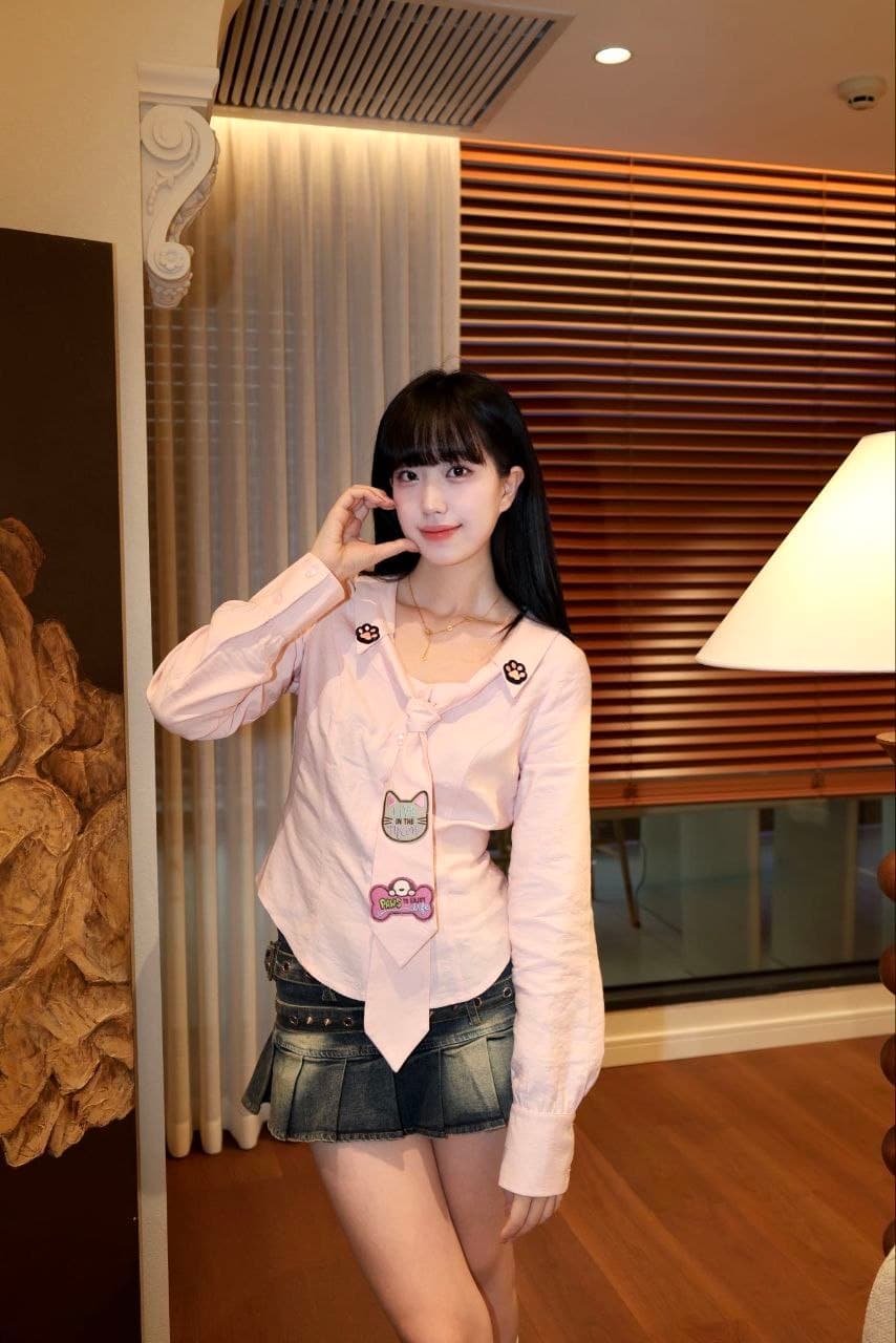 Atasan Blouse Pink Wanita | Kemeja Bordir Sweetheart Neck Slim Fit | Korean Y2K Style Kekinian