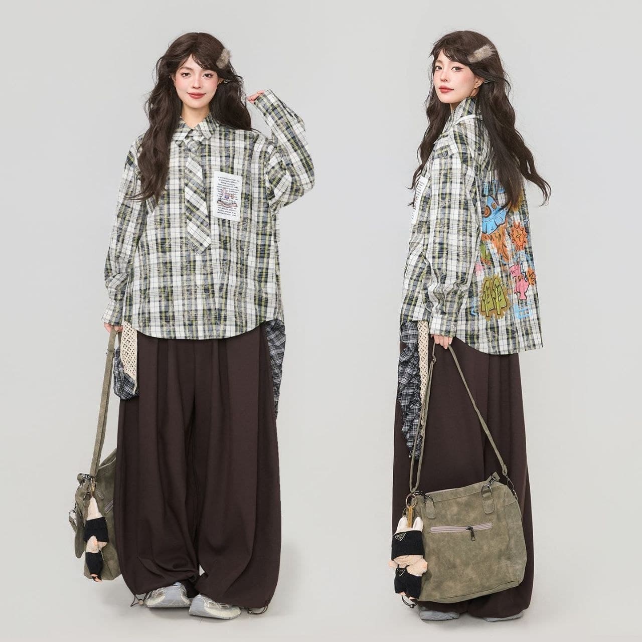 Kemeja Wanita Kotak-Kotak Hijau Lengan Panjang + Dasi Gratis – Atasan Casual Motif Grafiti Gaya American Style Koleksi Early Spring 2026