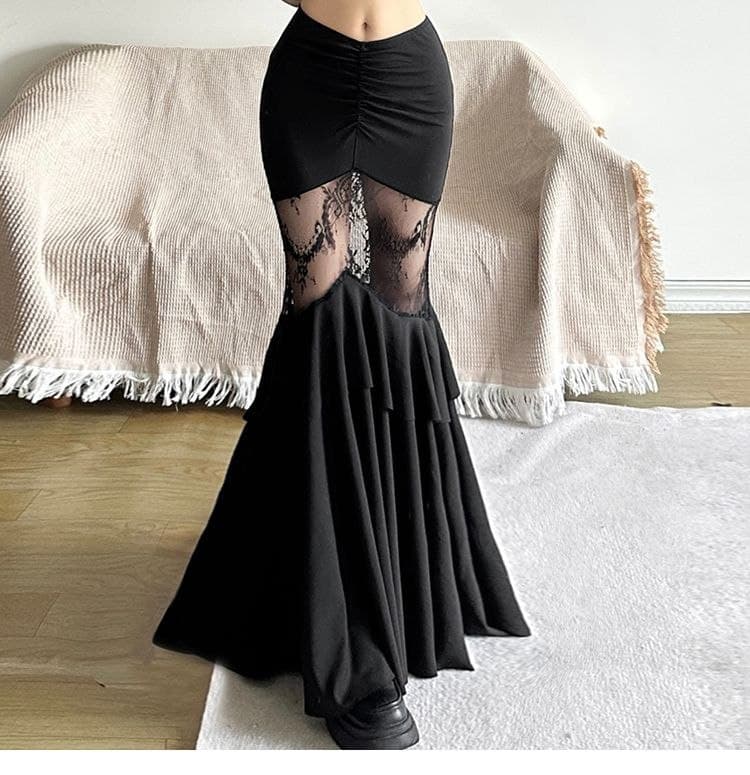 Rok Mermaid Renda Wanita High Waist | Rok Panjang Bodycon Lace Patchwork | Dark Korean Chic Style