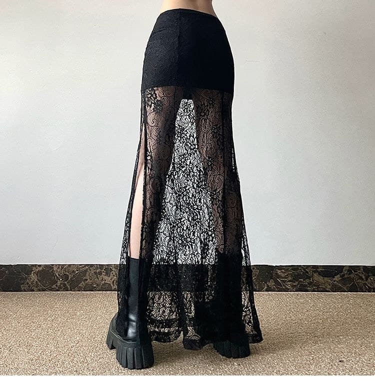 Rok Panjang Renda French Style | Rok High Waist Belahan Samping Elegan | Rok Maxi Korean Chic