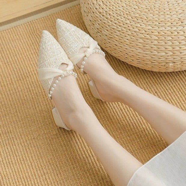Sandal Heels Mules Wanita Mutiara | Mary Jane Pointed Toe French Style | Sepatu Slip On Elegan Kekinian