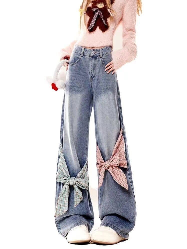 Celana Jeans Wide Leg Wanita Jumbo | Denim Kotak-Kotak Vintage dengan Pita | Celana Baggy High Waist Plus Size