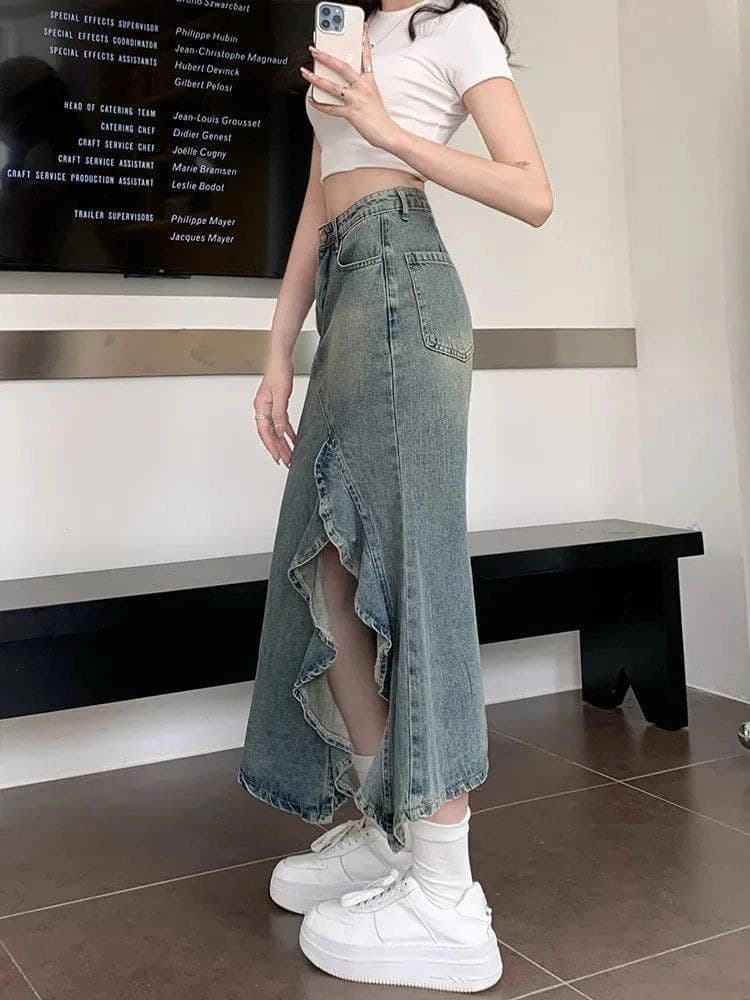 Rok Midi Denim Wanita High Waist Model Mermaid Belahan Samping Body Fit Slim Fit