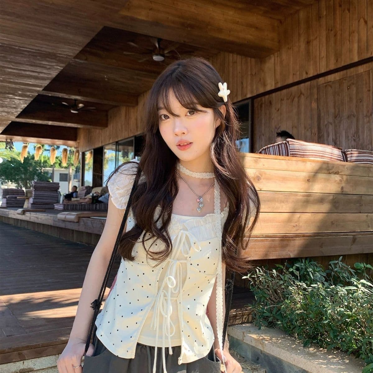 Blouse Puff Sleeve Wanita Korean Style | Atasan Fake Two Piece Slim Fit | Top Ruffle Manis Kekinian