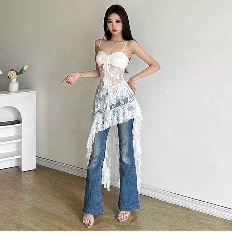 Dress Renda Transparan Wanita | Mini Dress Tali Asimetris Slim Fit | Korean Chic Style Kekinian