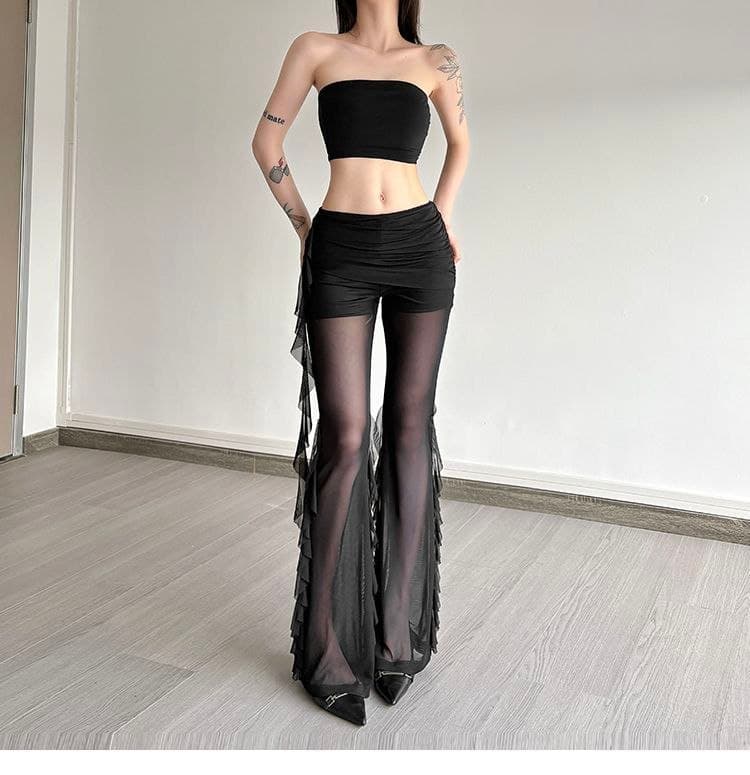 Celana Mesh Ruffle Wanita High Waist | Celana Panjang Ruched Slim Fit | Korean Chic Style Kekinian