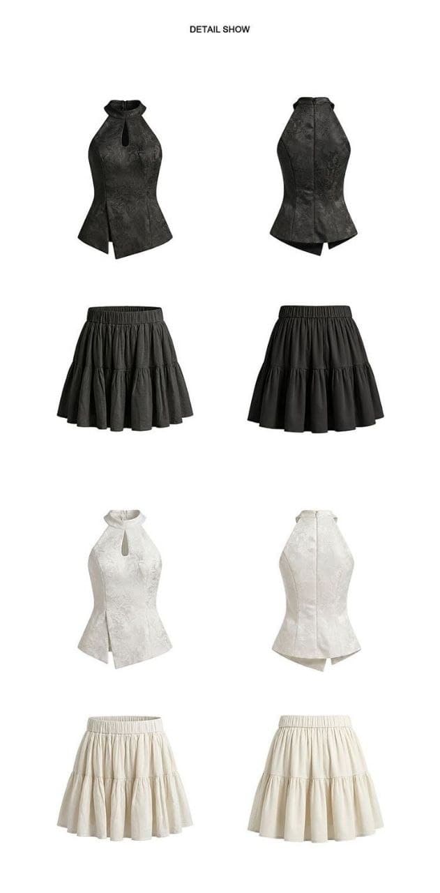 Set Outfit New Chinese Style Wanita | Halter Top Jacquard & Rok Cake High Waist | Korean Oriental Chic 2in1