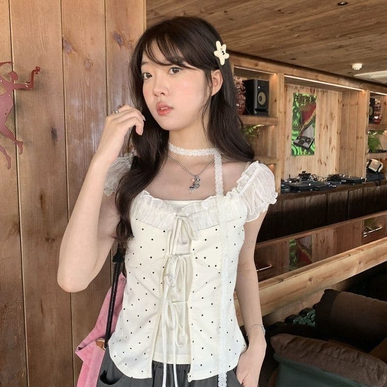 Blouse Puff Sleeve Wanita Korean Style | Atasan Fake Two Piece Slim Fit | Top Ruffle Manis Kekinian