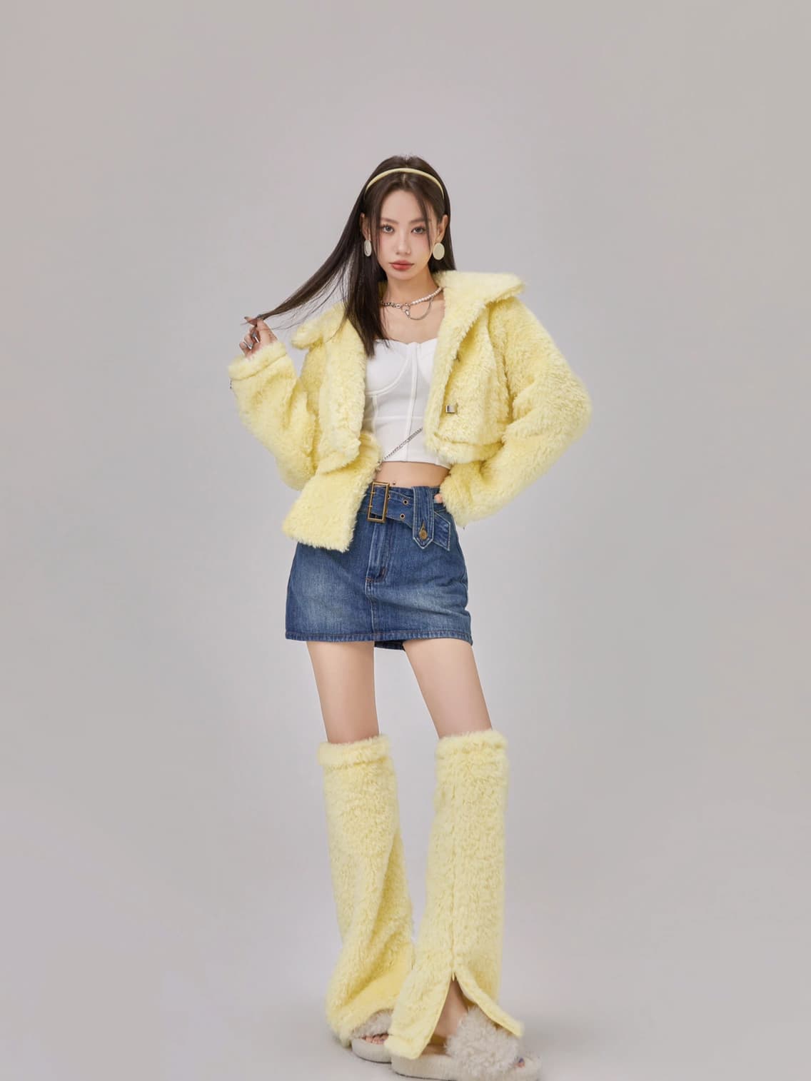 Jaket Bulu Pendek Wanita Warna Kuning Pastel | Cropped Faux Fur Jacket Korean Style | Outer Fluffy Premium