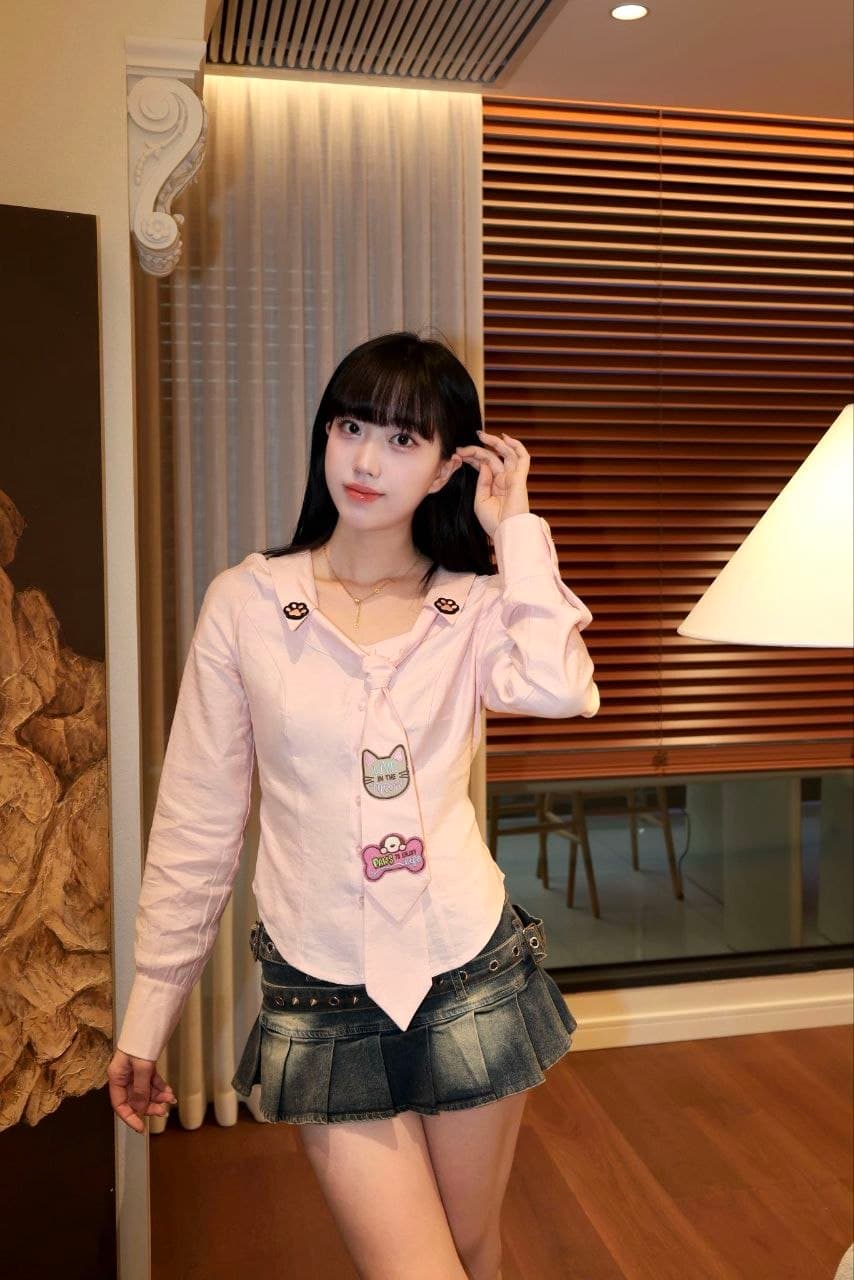Atasan Blouse Pink Wanita | Kemeja Bordir Sweetheart Neck Slim Fit | Korean Y2K Style Kekinian