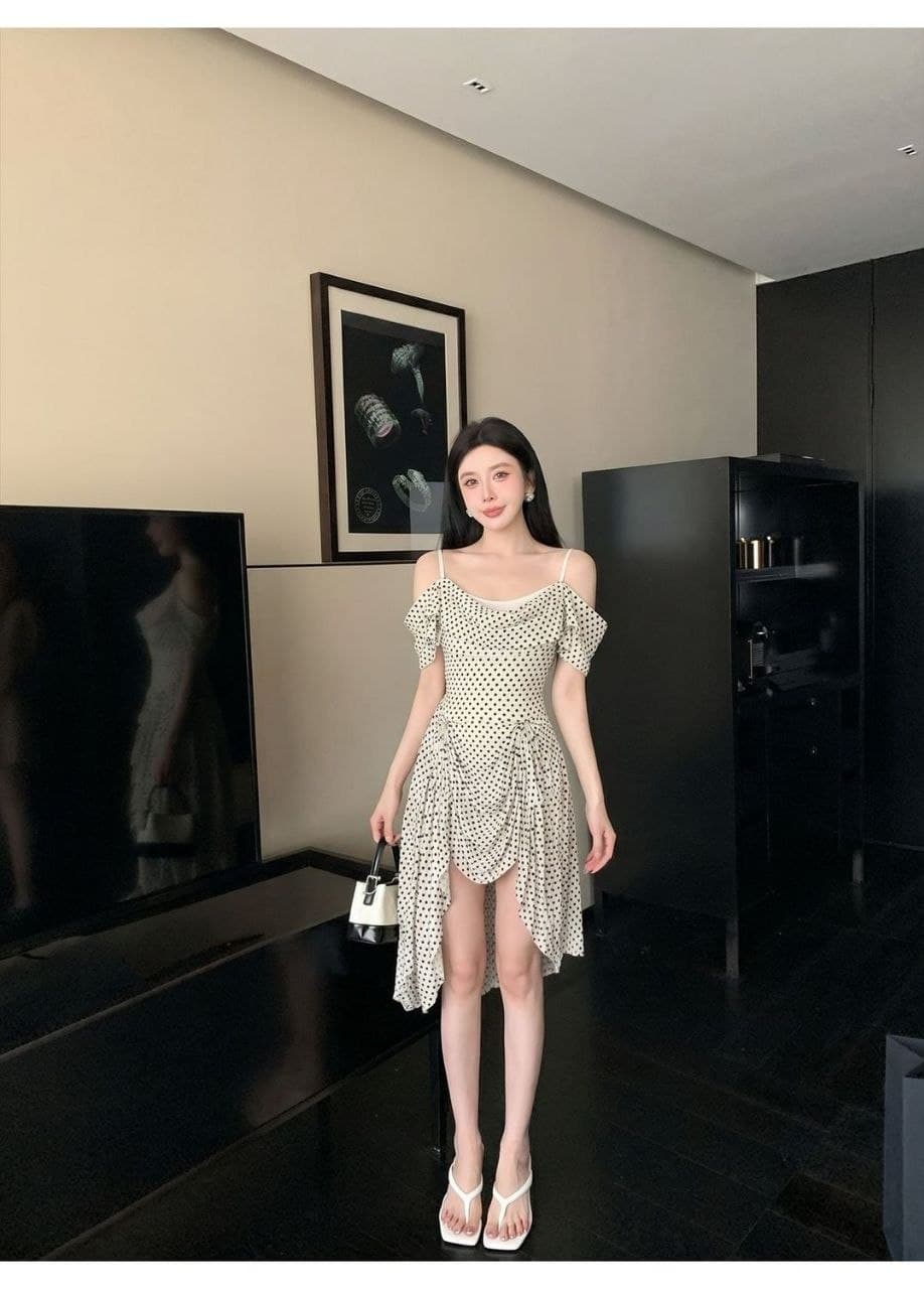 Dress Polkadot Sabrina French Style | Mini Dress High Waist Asimetris | Korean Chic Elegan