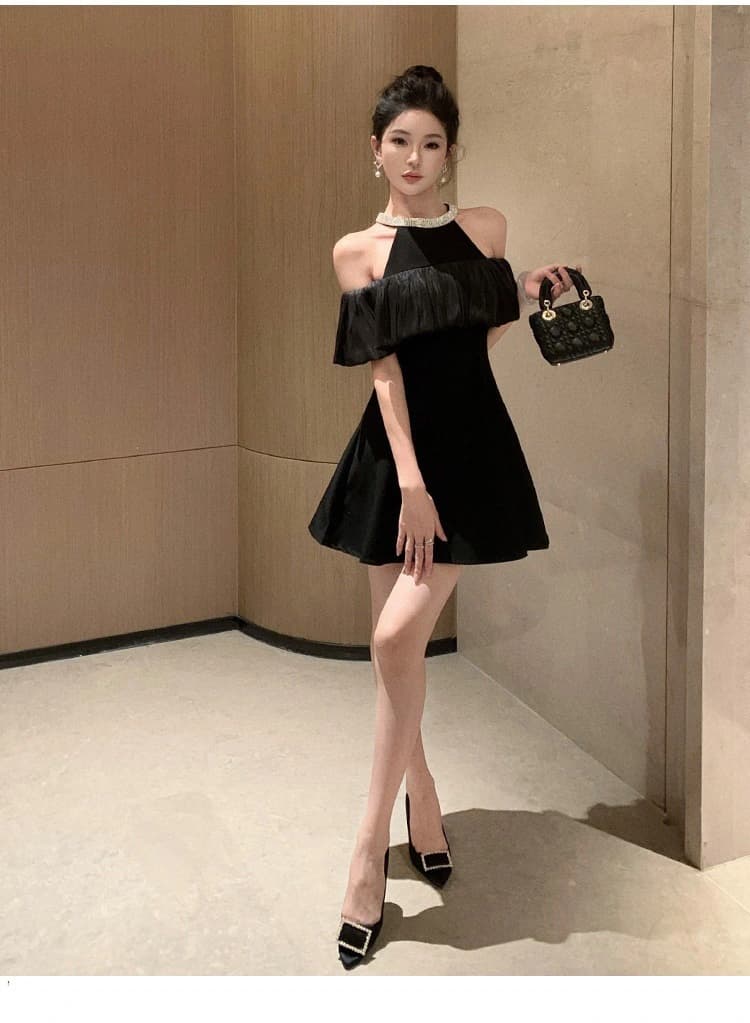 Dress Hitam Halter Off Shoulder Wanita | Mini Dress French Style Slim Fit | Dress Elegan Premium Kekinian
