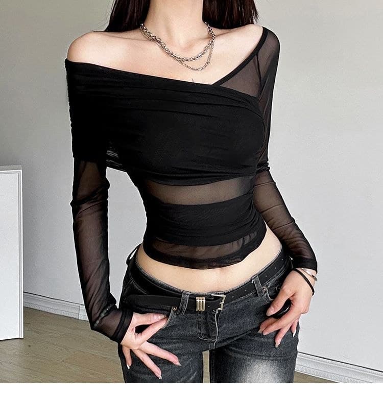 Atasan Mesh Sabrina Wanita | Top Renda Transparan Lengan Panjang Slim Fit | Korean Chic Style Elegan