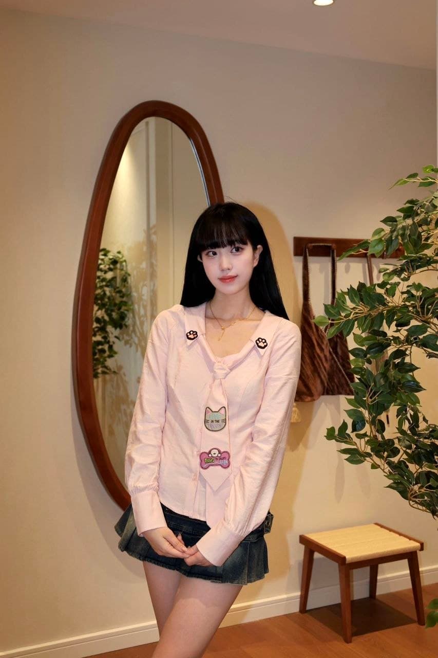 Atasan Blouse Pink Wanita | Kemeja Bordir Sweetheart Neck Slim Fit | Korean Y2K Style Kekinian